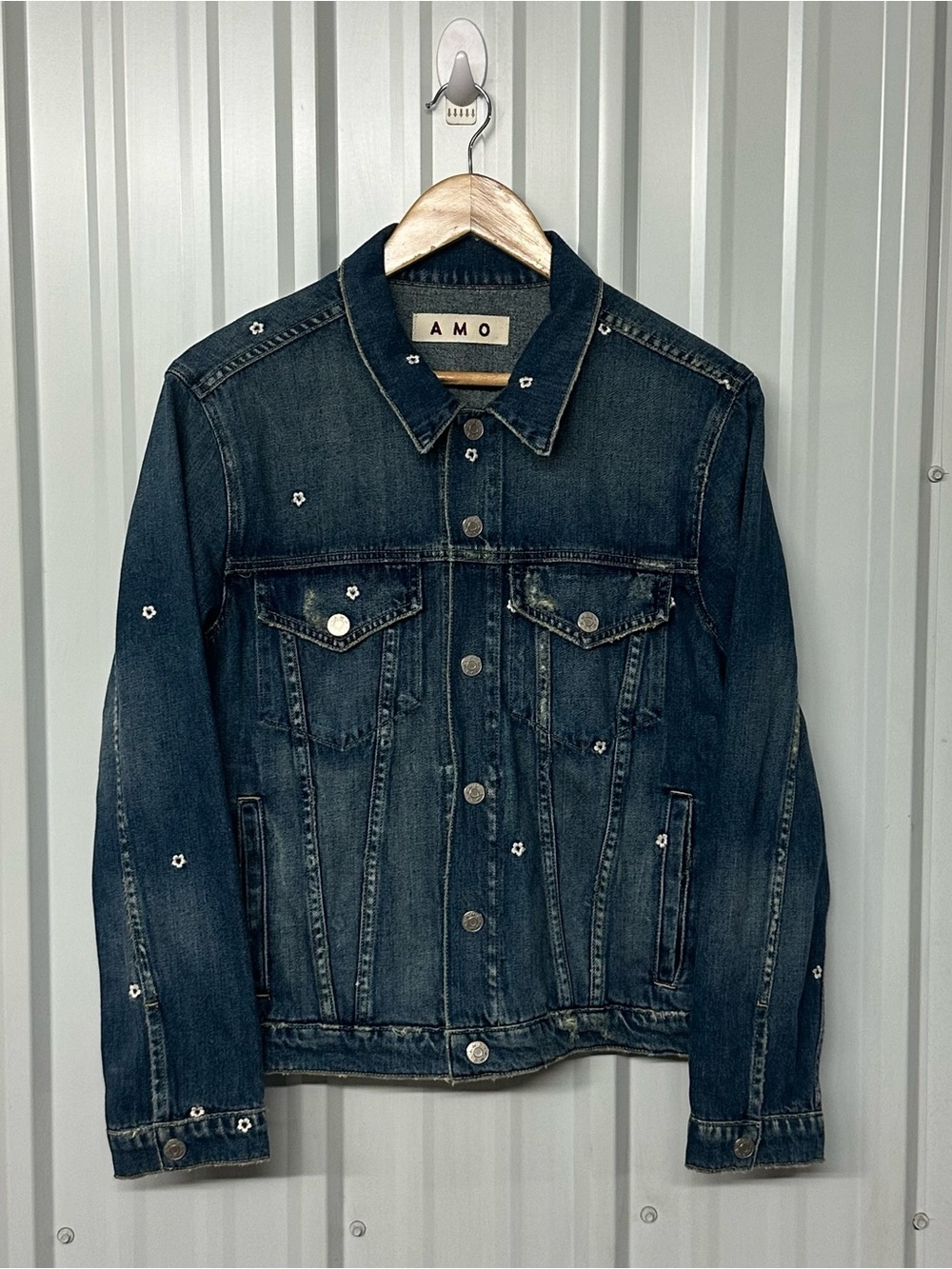 AMO Floral Embroidered Denim Jacket Size L Boho Folk Western